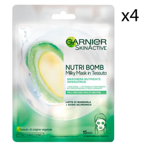 4x Maschera Viso Latte di Mandorla in Tessuto Nutri Bomb Skinactive - 4 Trattamenti Monouso
