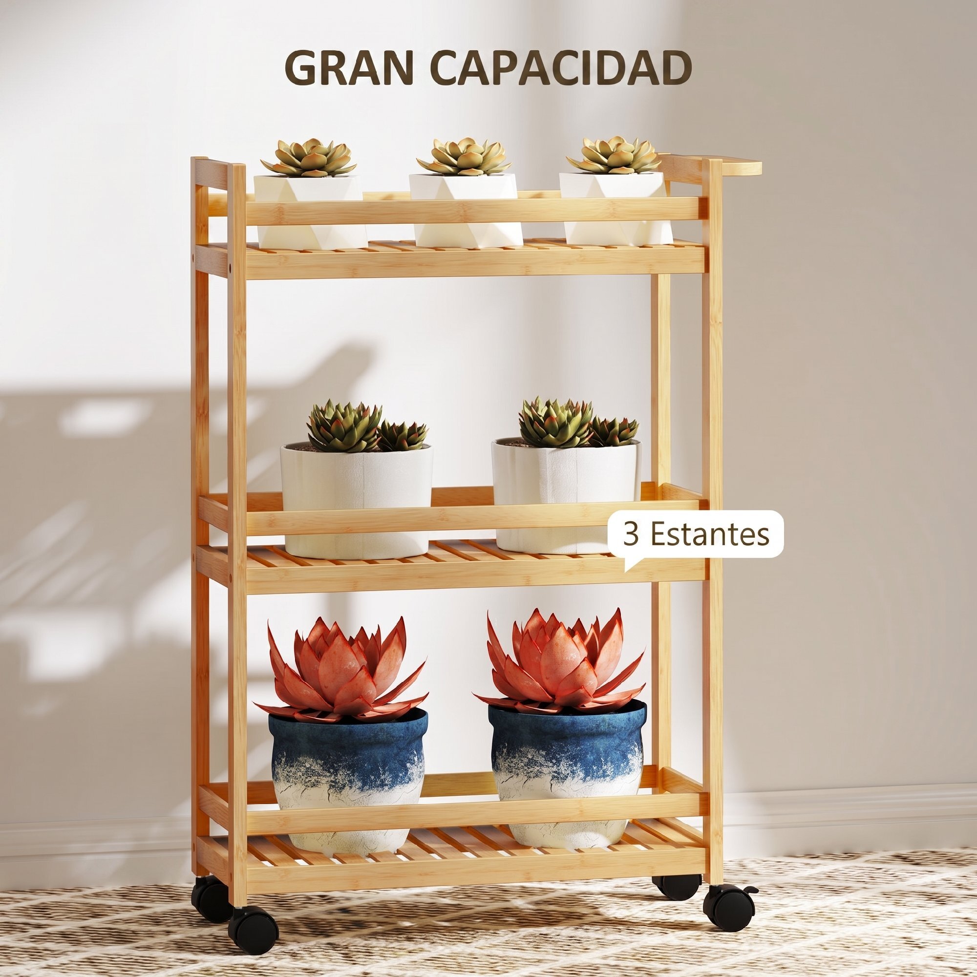 Carrito Auxiliar con Ruedas de Bambú, Carrito de Cocina Estrecho de 3 Niveles con Asa, para Salón, Baño, Espacios Pequeños, 55x20x75 cm, Natural
