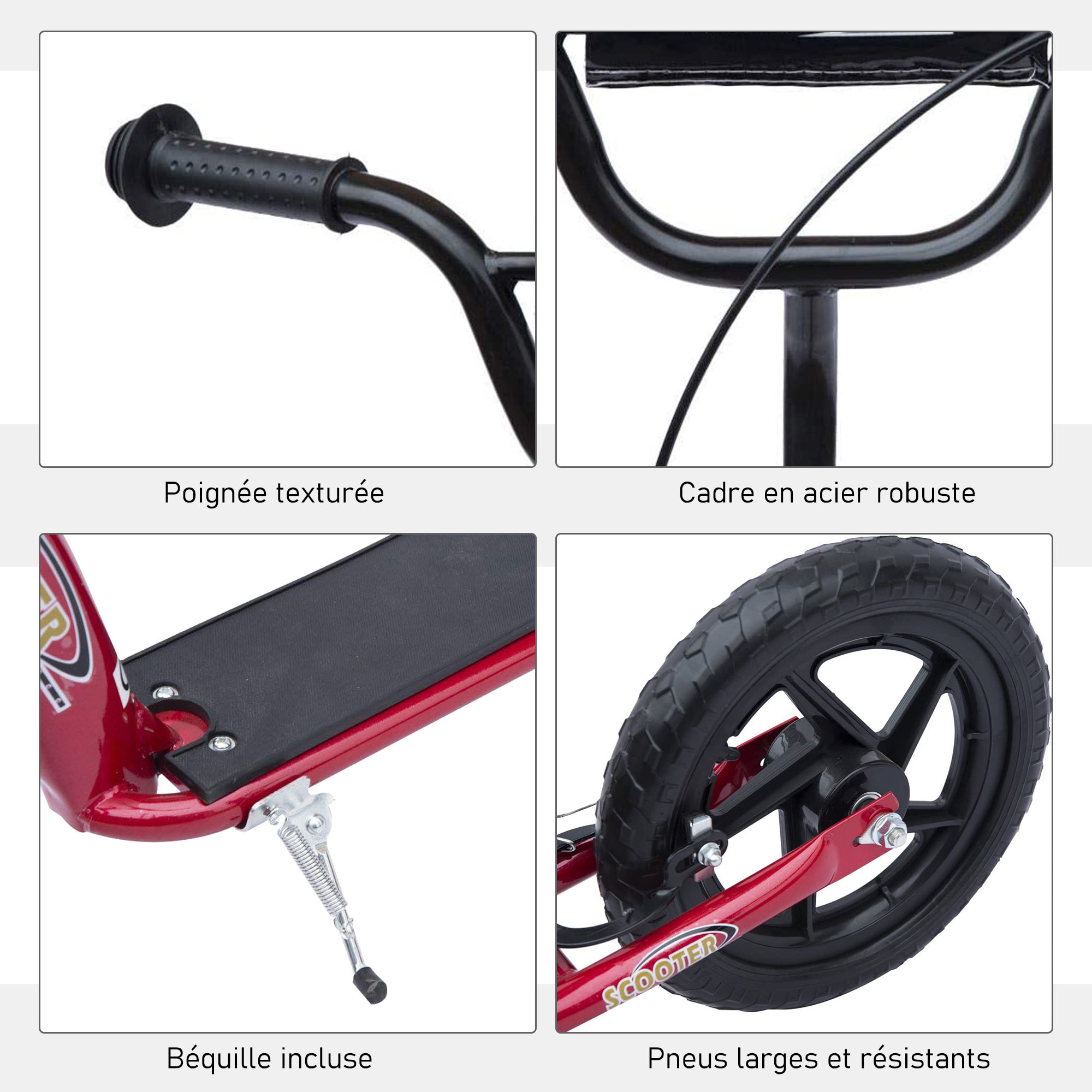 Trottinette patinette pneus 30 cm hauteur guidon réglable poignée frein et béquille acier rouge