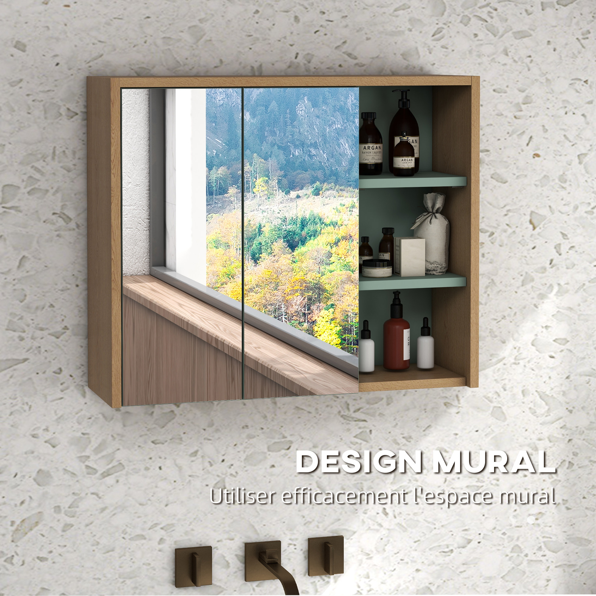 Ensemble 2 meubles salle de bain - meuble sous-vasque suspendu, armoire murale miroir - aspect bois clair vert