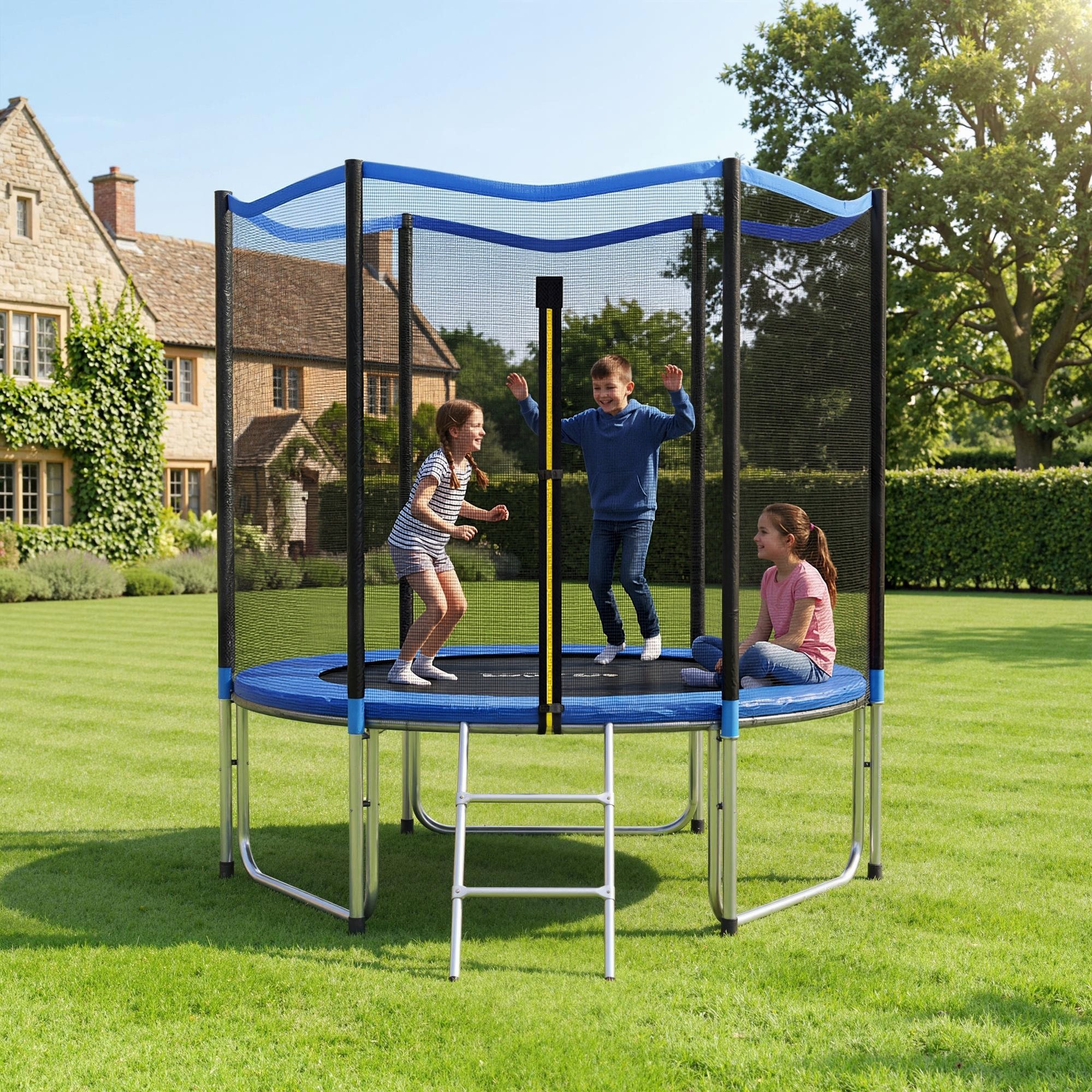 Cama Elástica para Niños Exterior Ø244 cm, Trampolín para Niños de +6 Años con Red de Seguridad, Escalera, Acolchado de Muelles y Marco de Acero Galvanizado, Carga 100 kg