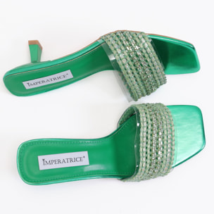 Sandali con tacco basso a rocchetto e fascia con ricamo e pietre