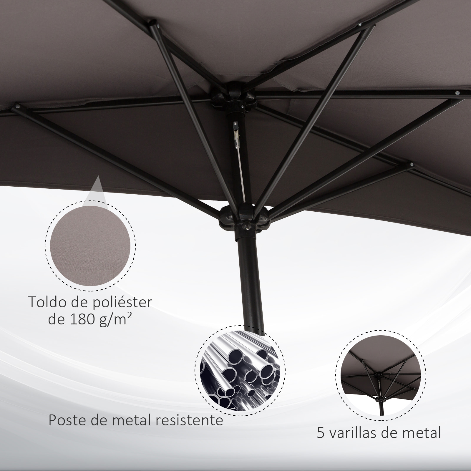 Sombrilla 269x138x236 cm Parasol de Jardín con Manivela y Forma Semicircular para Exterior Terraza Patio Piscina Gris
