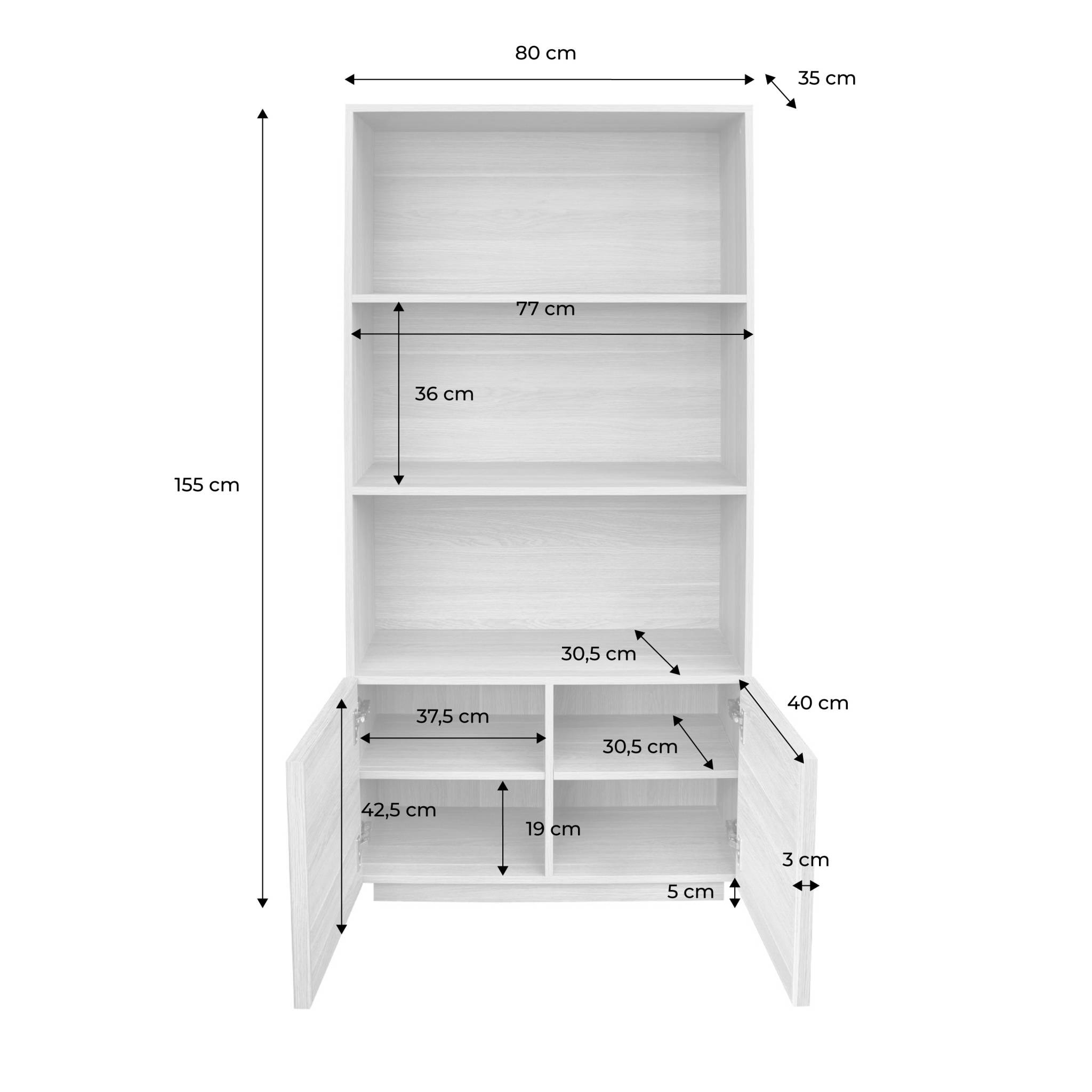 Etagères bibliothèque effet bois naturel 2 portes 5 niveaux - L 80 x P 35 x H 160cm - Kuba