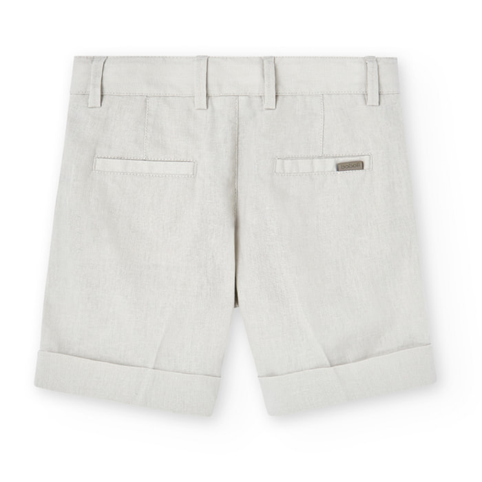 Bermudas niÃ±o, lino liso, cierre botÃ³n, beige piedra