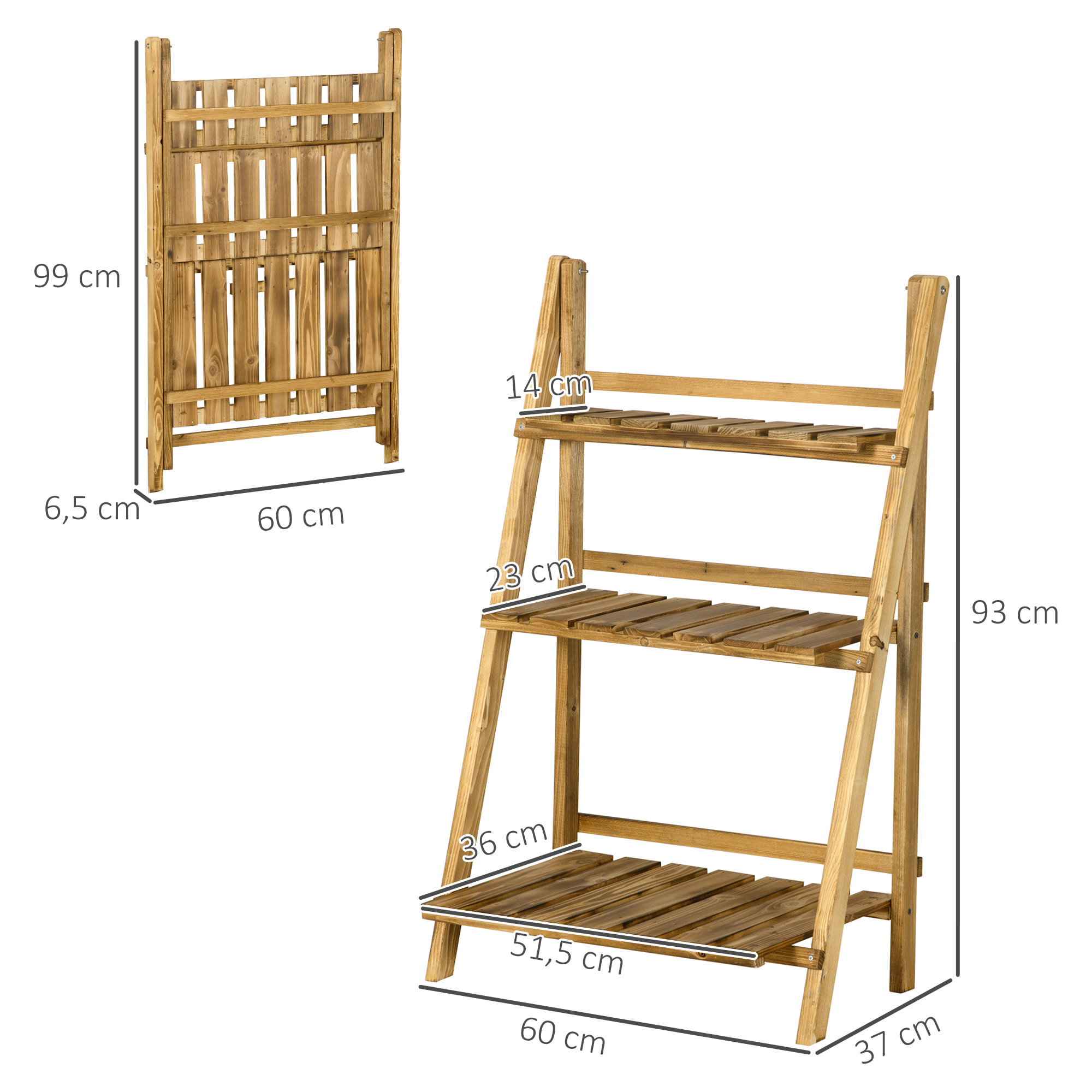 Soporte para Plantas de 3 Niveles Estantería para Plantas Plegable Soporte para Macetas de Madera para Interior y Exterior 60x37x93 cm Natural