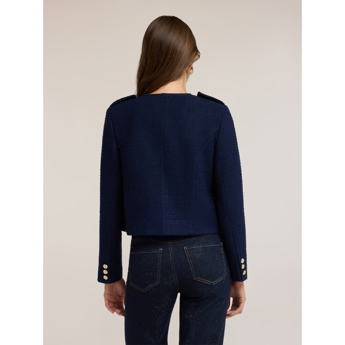 Motivi - Giacca in tweed corta con bottoni gioiello - Blu