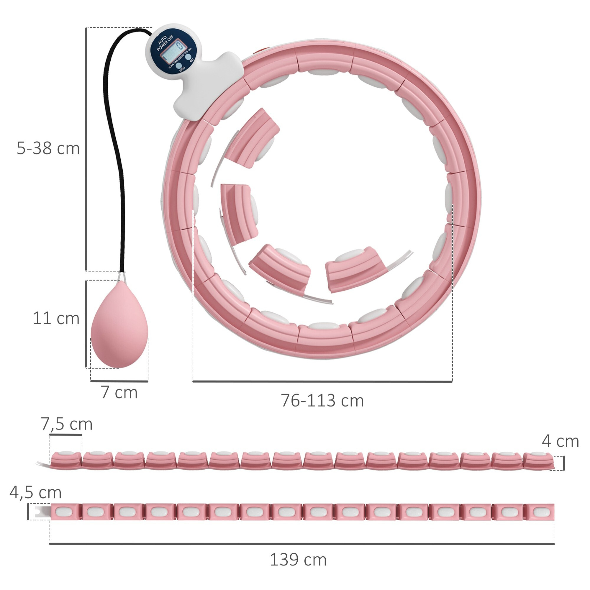 Hula Hoop fitness réglable dia. 76-113 cm - picots massage intégrés, segments amovibles - blanc rose