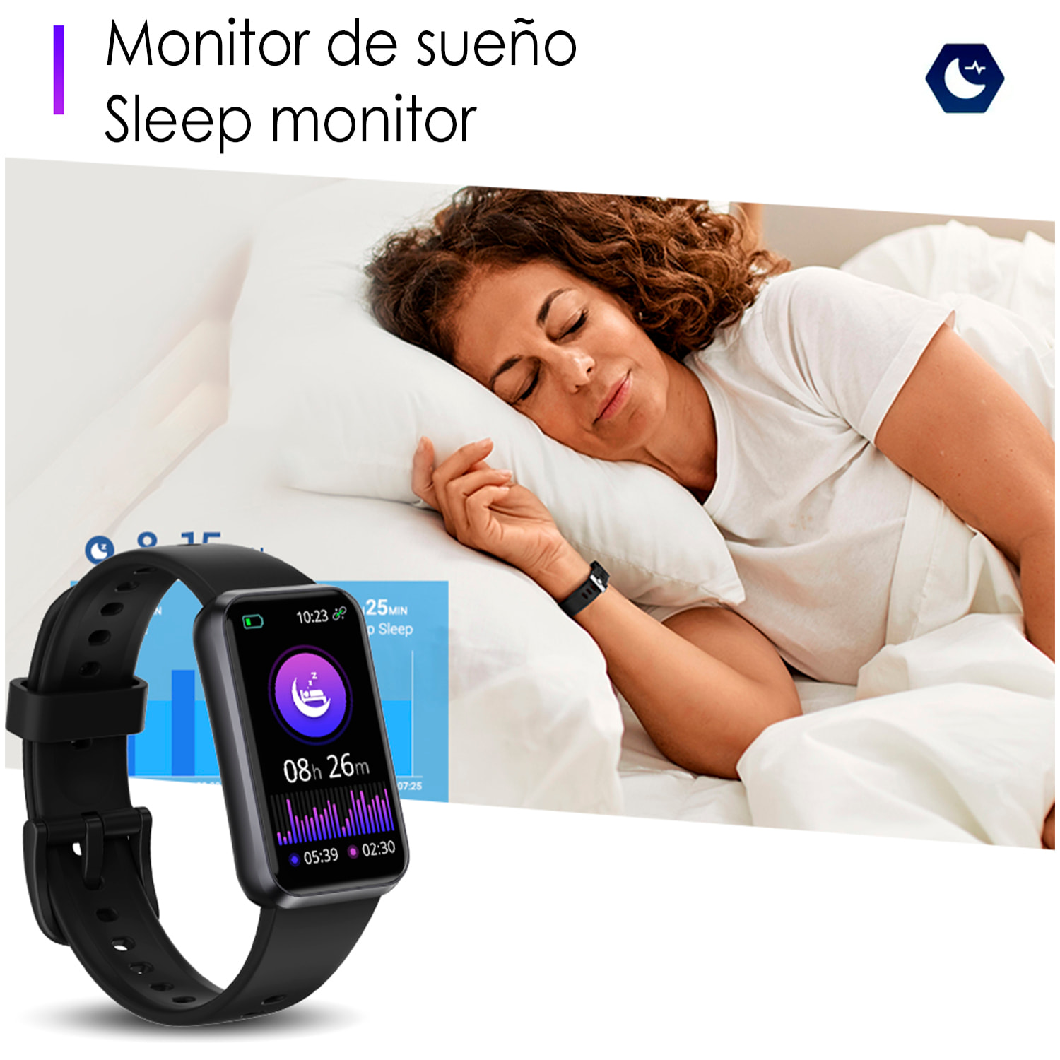 Brazalete inteligente T54B con monitor de tensión y O2. Varios modos deportivos, notificaciones de apps.
