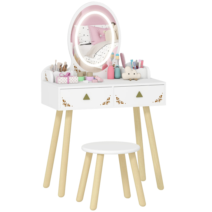 Tocador de Maquillaje Niña con Luces LED de 3 Colores, 2 en 1, Escritorio, Tocador Infantil con Taburete, Espejo, 2 Cajones, 2 Cajas de Almacenaje, para Niños +3 Años, Blanco