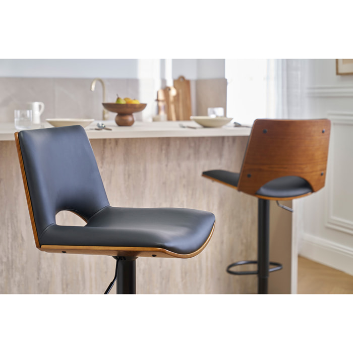 Tabouret de bar design réglable noir et bois foncé PANACH