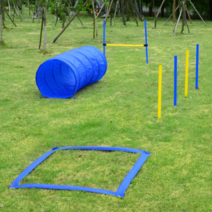 Agility sport pour chiens équipement complet obstacles, tunnel, slalom, zone repos + 2 sacs de transport bleu jaune