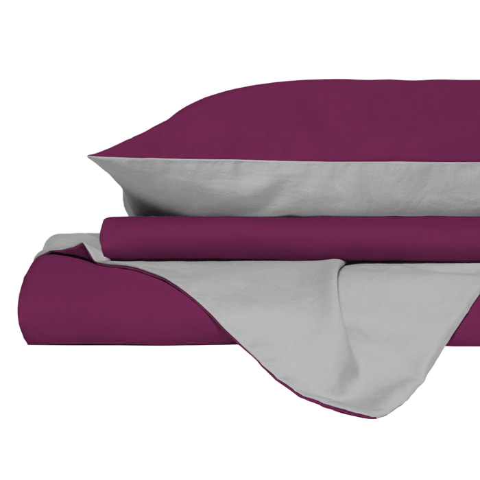 PARURE COPRIPIUMINO NATURAL COLOR, 100% Cotone, Made in Italy - FUCSIA/GRIGIO CHIARO