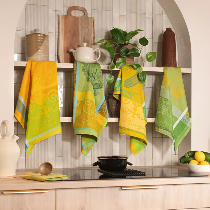 Torchon pur coton motif jacquard jaune vert Les courgettes jonquille