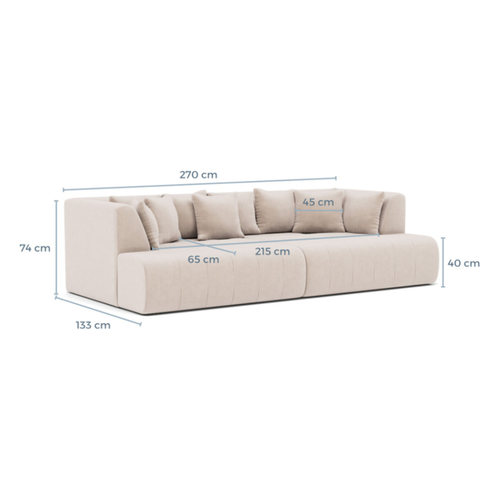 Onyx - canapé droit 4 places avec double méridienne - assise profonde - en velours côtelé - Gris