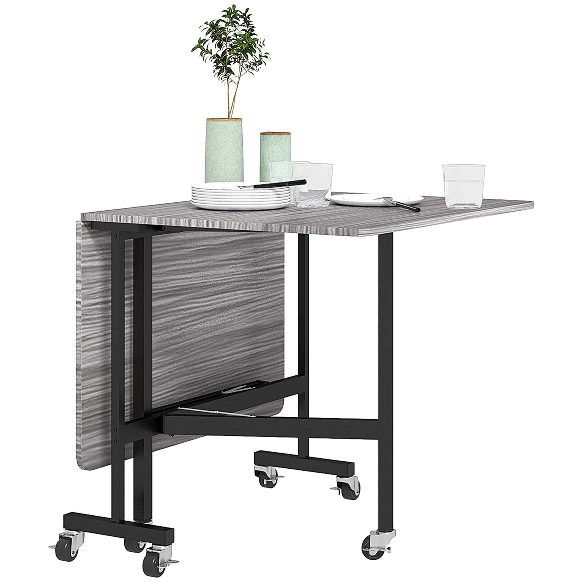 Table pliable 6 personnes - table à rabat mobile 6 roulettes - acier noir effet bois gris