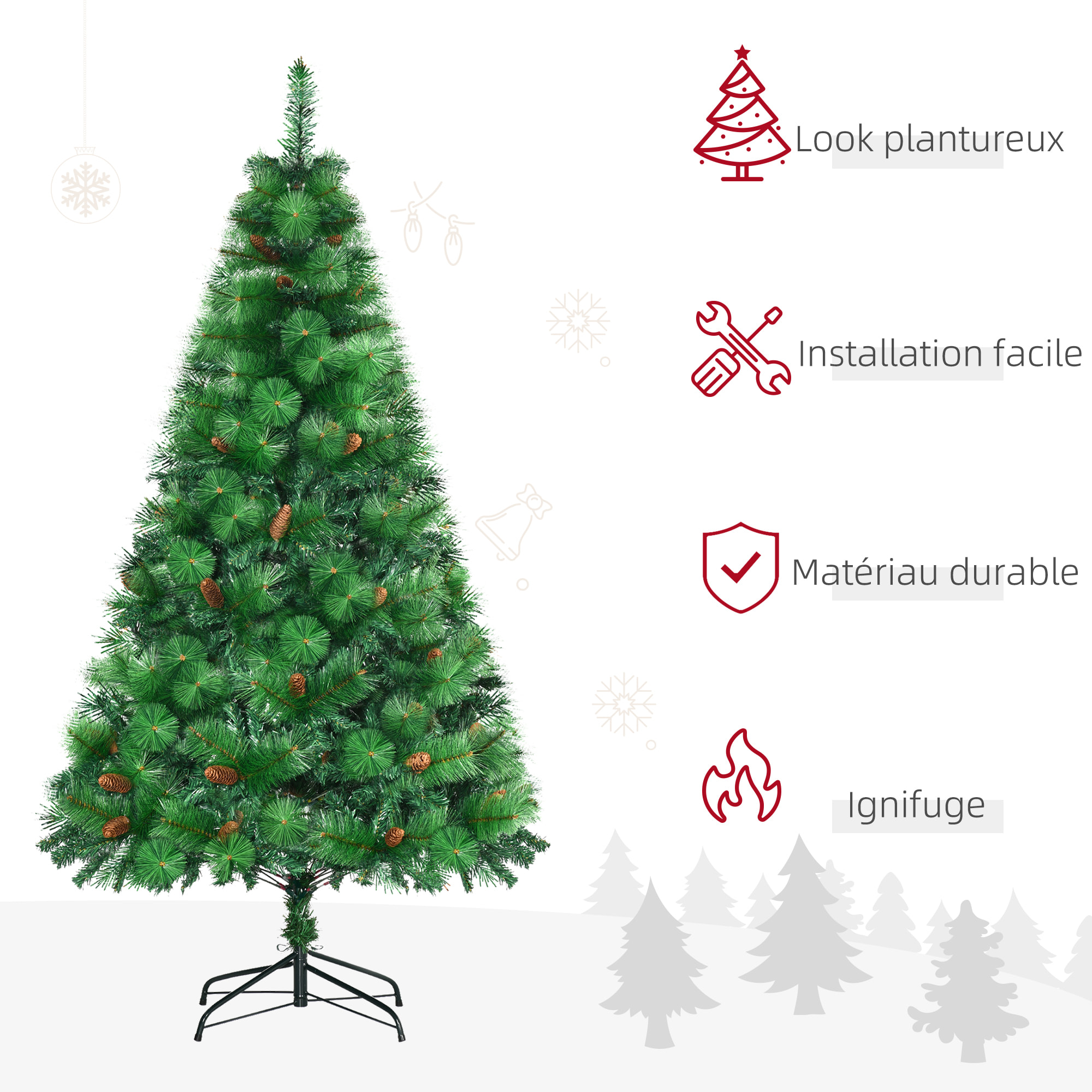 Sapin de Noël artificiel 782 branches épines grand réalisme avec pommes de pin - hauteur 180 cm vert