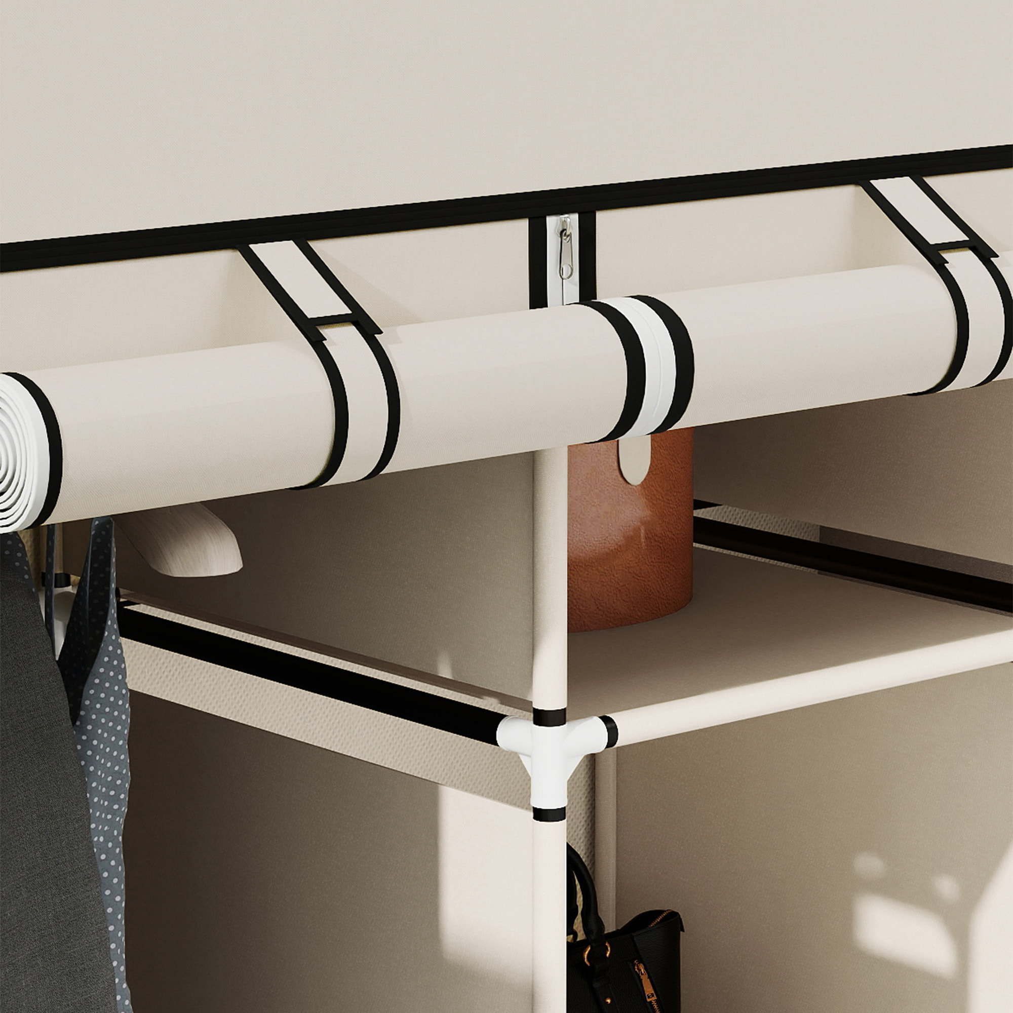 Armoire penderie multi-rangement - 8 étagères, 2 barres - dim. 125L x 43l x 162,5H cm - acier noir non tissé beige