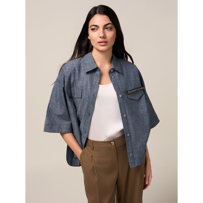 Oltre - Camicia oversize misto lino effetto denim - Blu