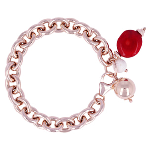 Bracciale Catena Rolo con Ciondoli in Corallo Rosso e Bianco Placcato Oro Rosa 18kt