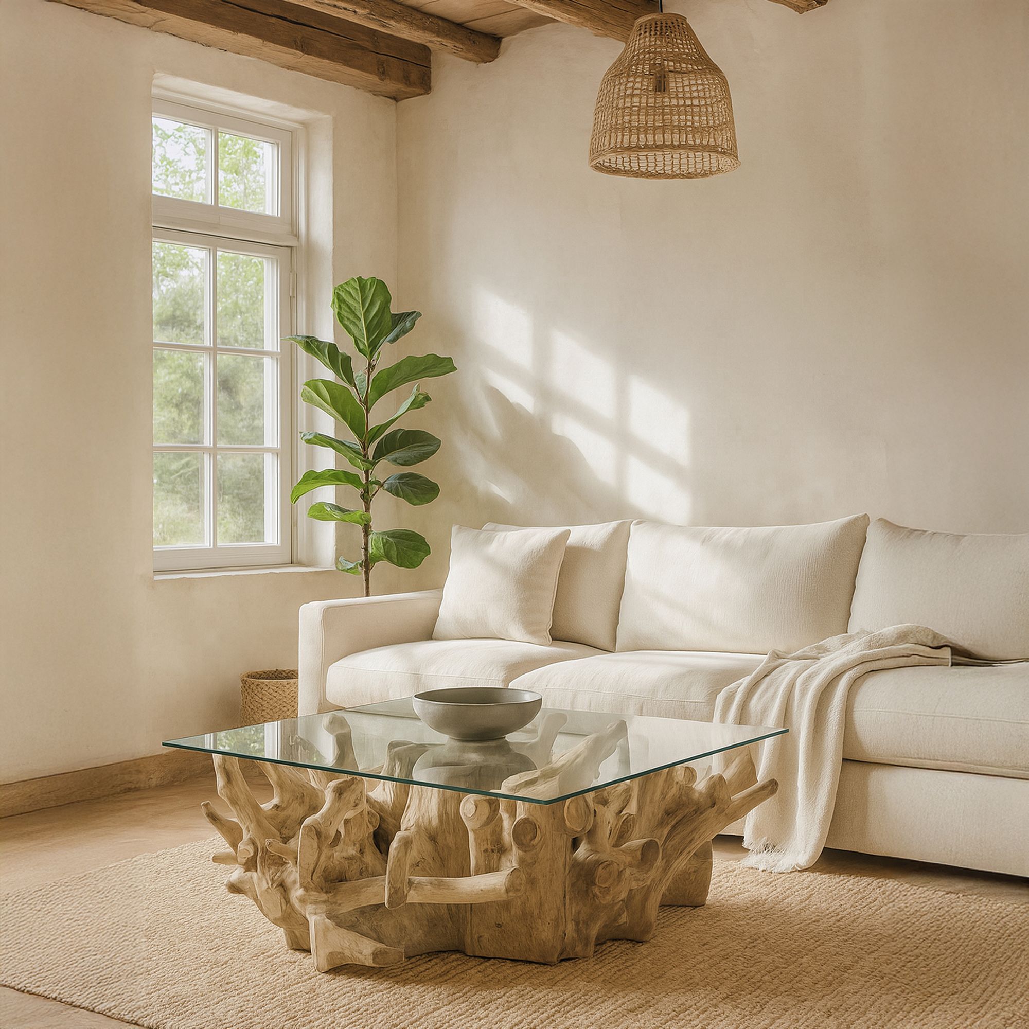 Table basse en racine de teck et plateau en verre 105cm