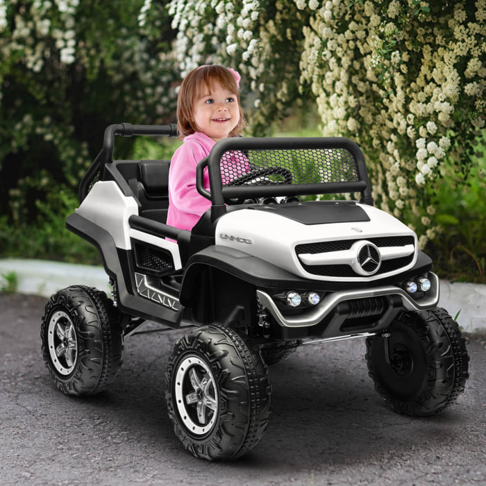 Voiture électrique 4x4 pour enfants de 3 à 8 ans 12 V Mercedes-Benz Unimog 2 moteurs avec télécommande, roues suspendues, klaxons, lumières, musique, blanc