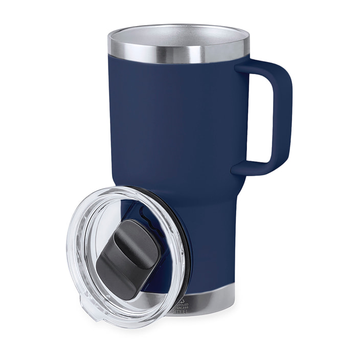 Taza térmica en acero inox reciclado con doble pared y 600 ml de capacidad. Incluye tapa con cierre a presión y dosificador.