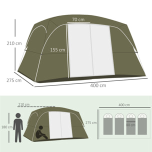 Tienda de Campaña Familiar para 4-8 Personas con 2 Dormitorios Tienda de Camping Grande con 2 Bolsillos y Ventanas con Malla Impermeable 400x275x210 cm Verde