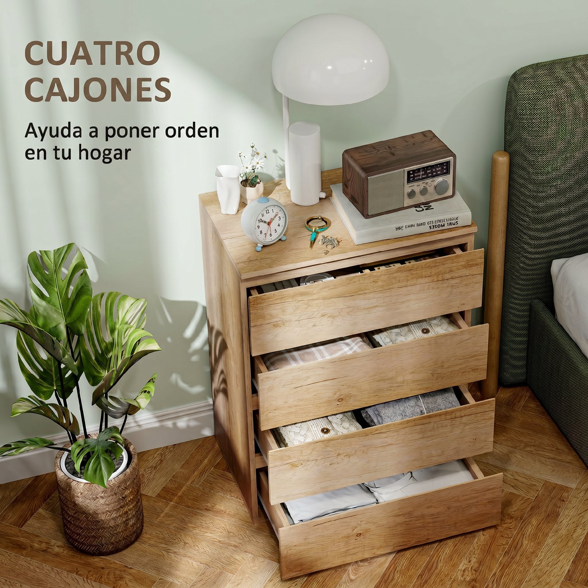 Cómoda 4 Cajones, Cómoda Dormitorio Moderna, Sinfonier, Diseño sin Tiradores, Cajonera para Sala de Estar, Comedor, Entrada, 60x40x80 cm, Madera Natural