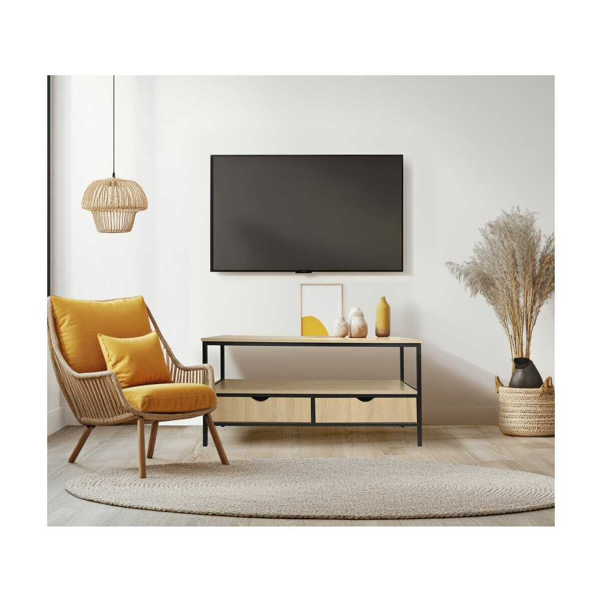 Meuble TV avec tiroir style industriel "Detroit" - 113 x 40 x 55 cm - Beige