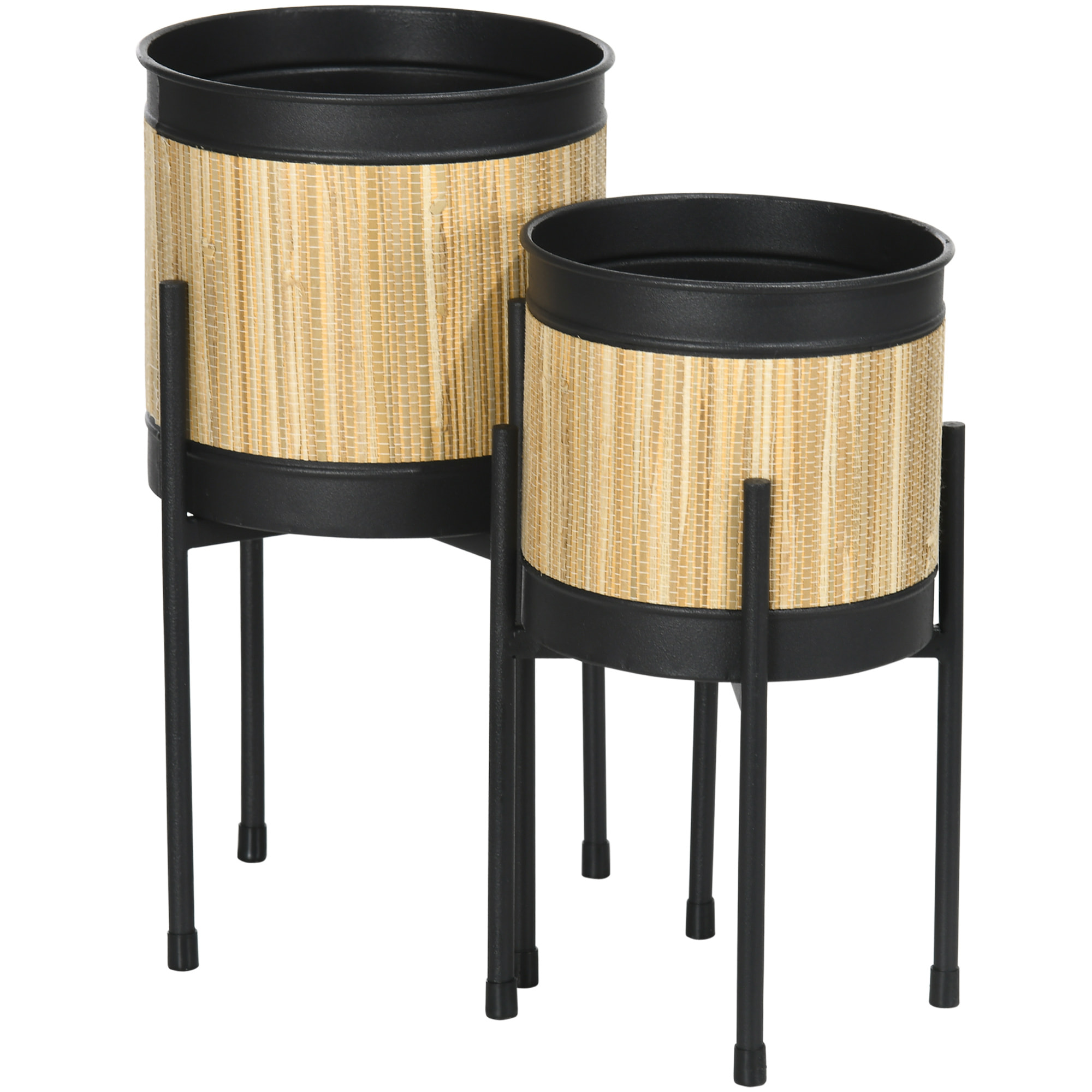 Juego de 2 Soportes para Plantas de Metal Cubierta de Totora Soportes para Macetas Maceteros Redondos para Salón Cocina Dormitorio Ø16x30 cm y Ø14x25,5 cm Negro