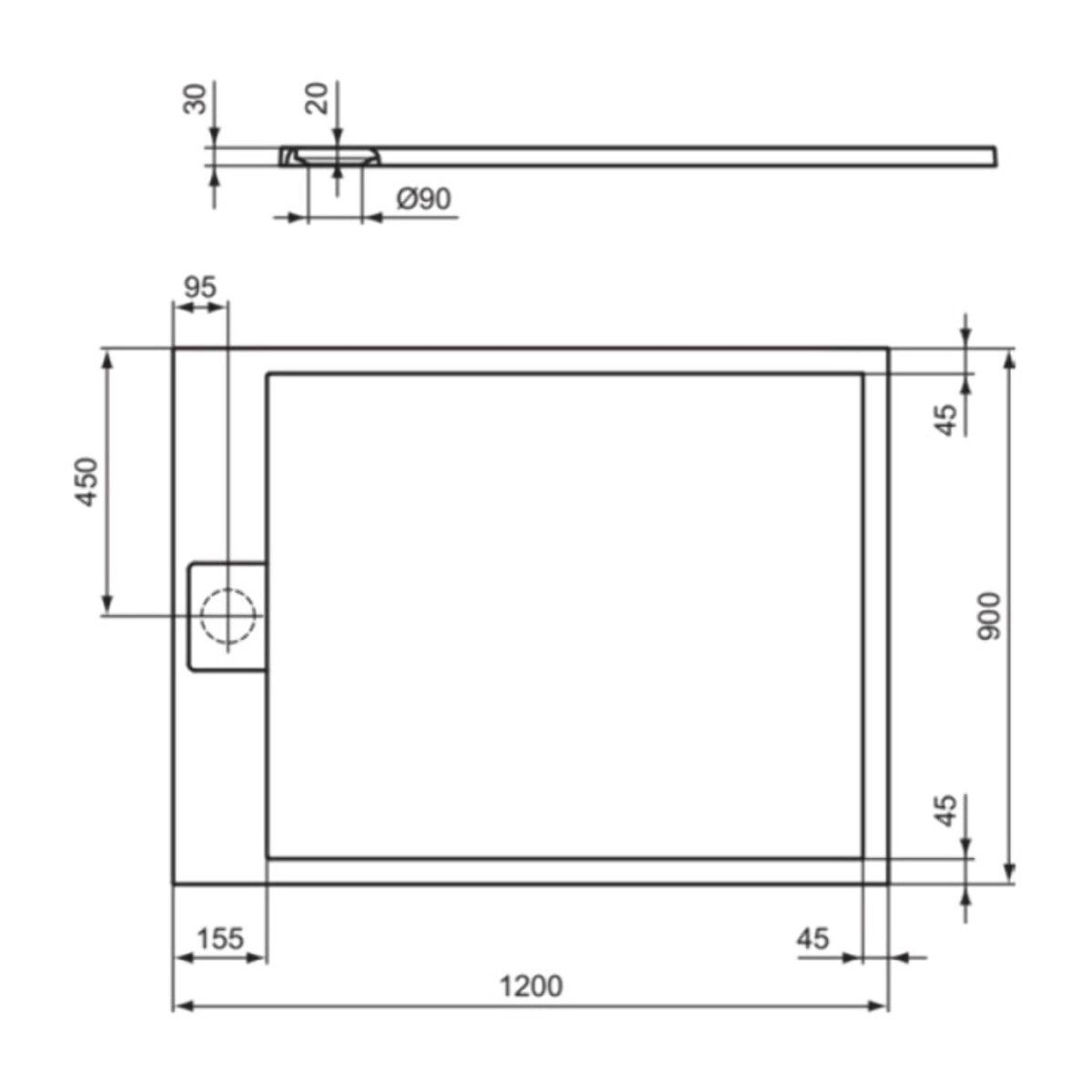 Receveur de douche antidérapant Ultra Flat S I.Life recoupable avec bonde largeur 120 x 90