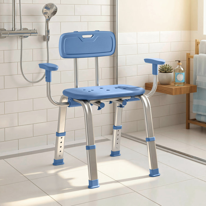 Chaise de douche réglable avec accoudoirs dossier alu HDPE bleu