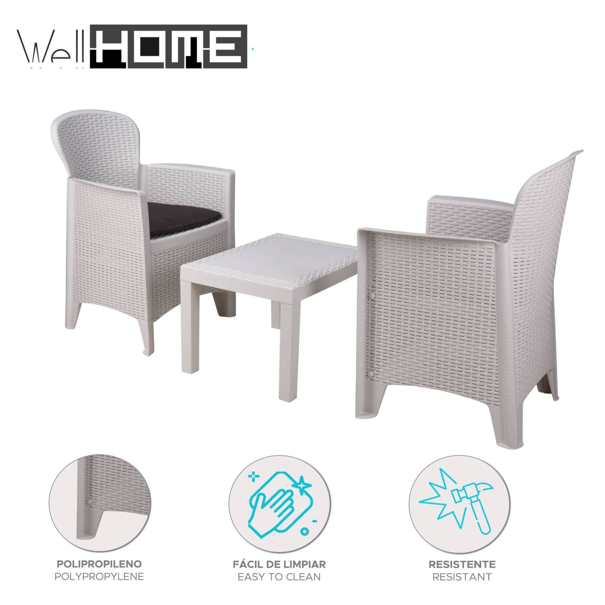 Well home - set de jardín 'akita' de mesa + 2 sillas en color blanco ideal para terrazas