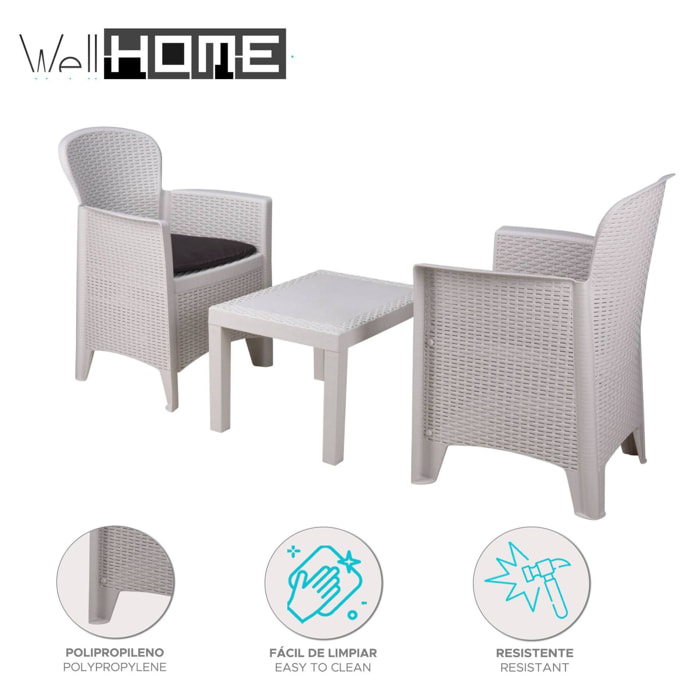 Well home - set de jardín 'akita' de mesa + 2 sillas en color blanco ideal para terrazas