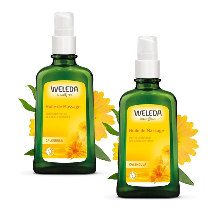 WELEDA - Duo Huile de Massage au Calendula   -  Soin corporel peaux sensibles - Vegan* - Certifié Natrue** - Flacon-pompe 100 ml  x 2