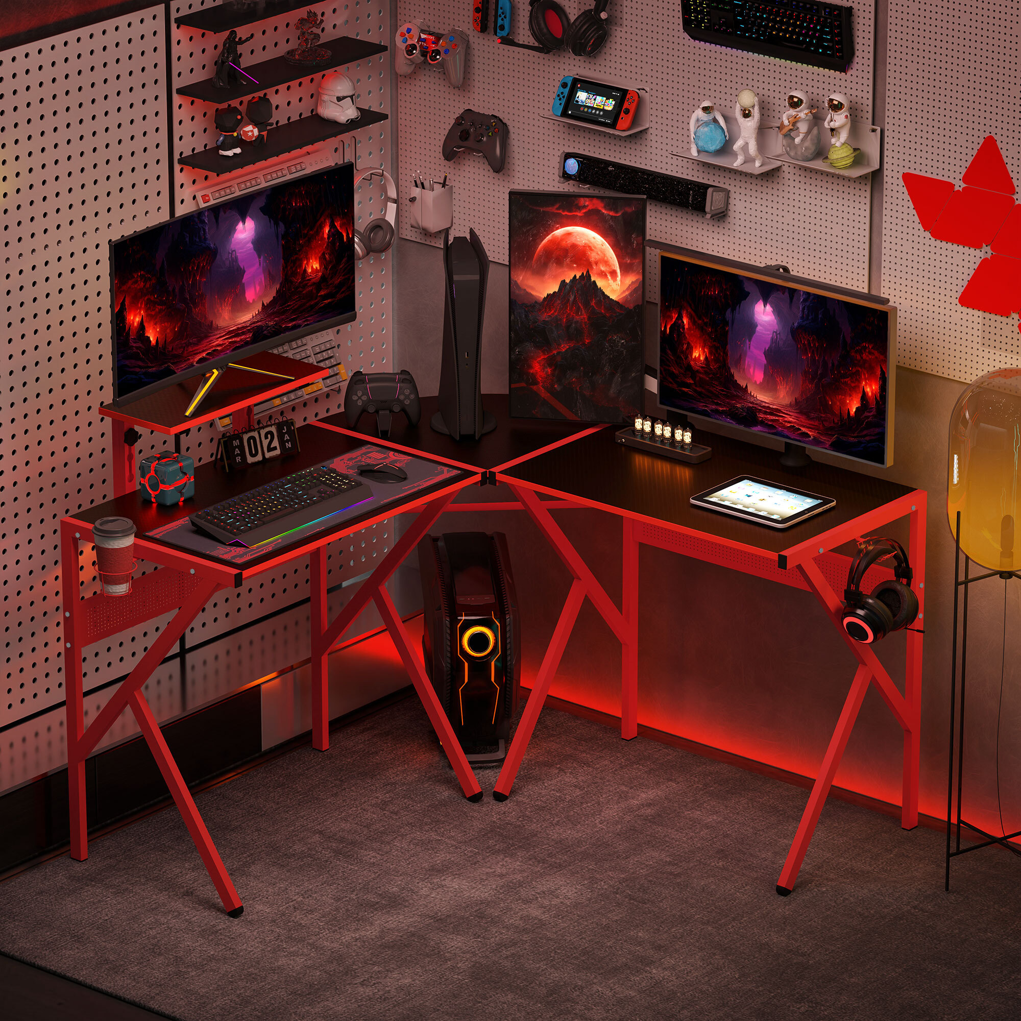 Bureau gaming d'angle bureau gamer bureau informatique bracket casque porte-gobelet étagère écran réglable métal panneaux texture carbone noir rouge