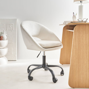 Chaise de bureau ronde à roulettes en velours blanc cassé. Pam. L 59 x P 60 x H 79 / 89cm