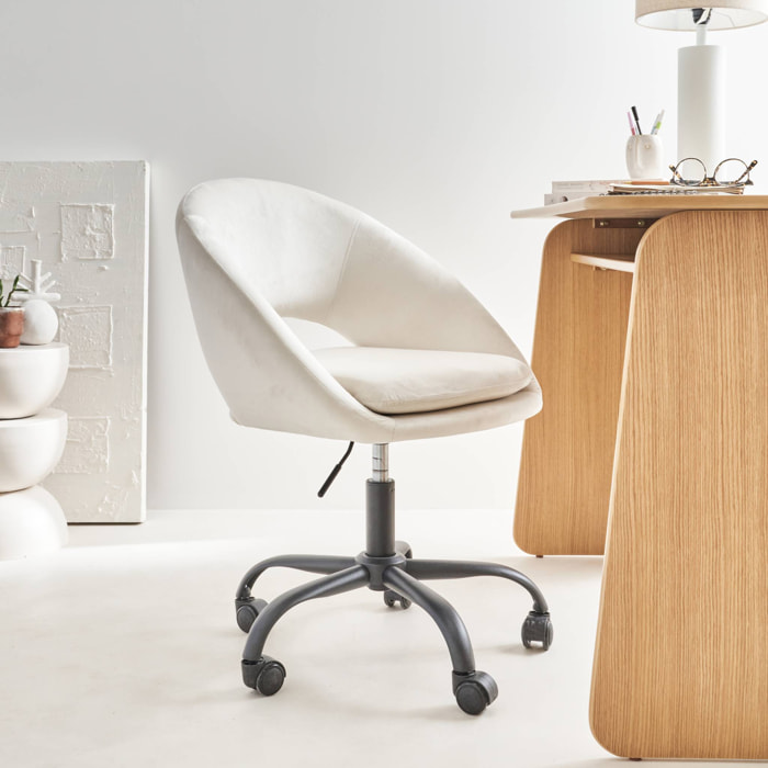 Chaise de bureau ronde à roulettes en velours blanc cassé. Pam. L 59 x P 60 x H 79 / 89cm