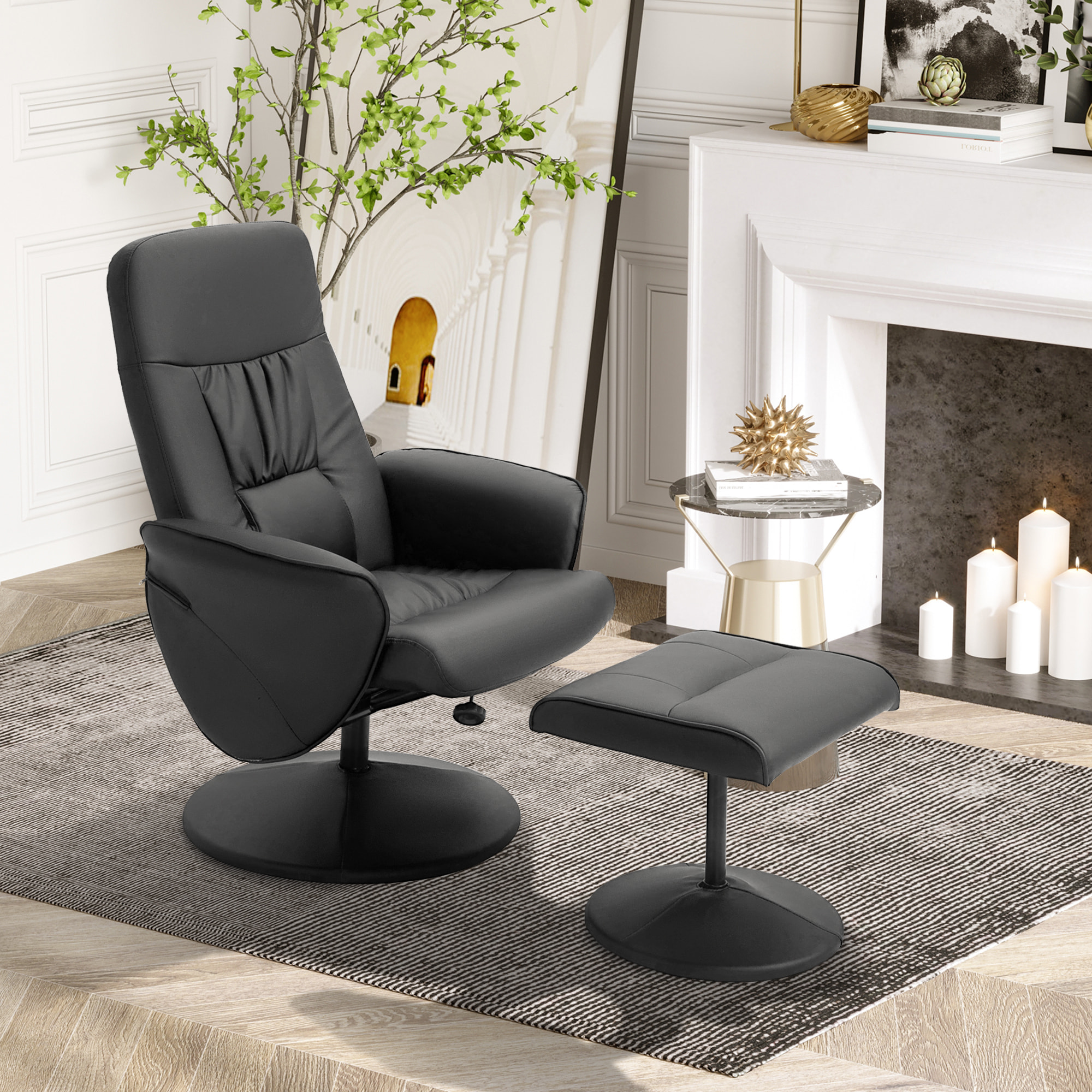HOMCOM Sillón de Salón con Otomana Reposapiés Tapizado en PU Sillón Relax Reclinable hasta 145° y Giratorio 360° con Respaldo Ajustable para Salón Dormitorio Oficina 81x81x105 cm Negro