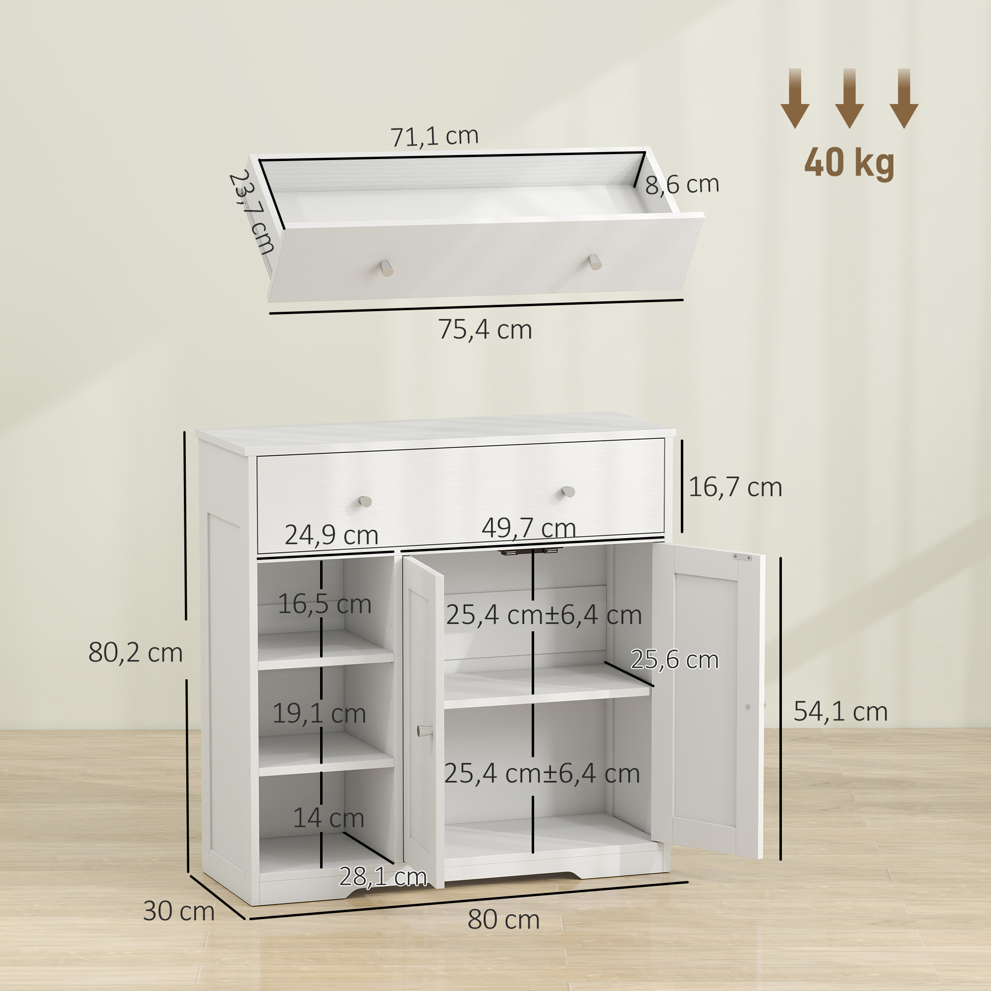 Armario de Baño Estrecho, Mueble Auxiliar de Baño con Cajón, 2 Puertas y 3 Estantes Abiertos, Ahorro Espacio, 80x30x80,2 cm, para Cocina, Salón o Despacho, Blanco Veteado