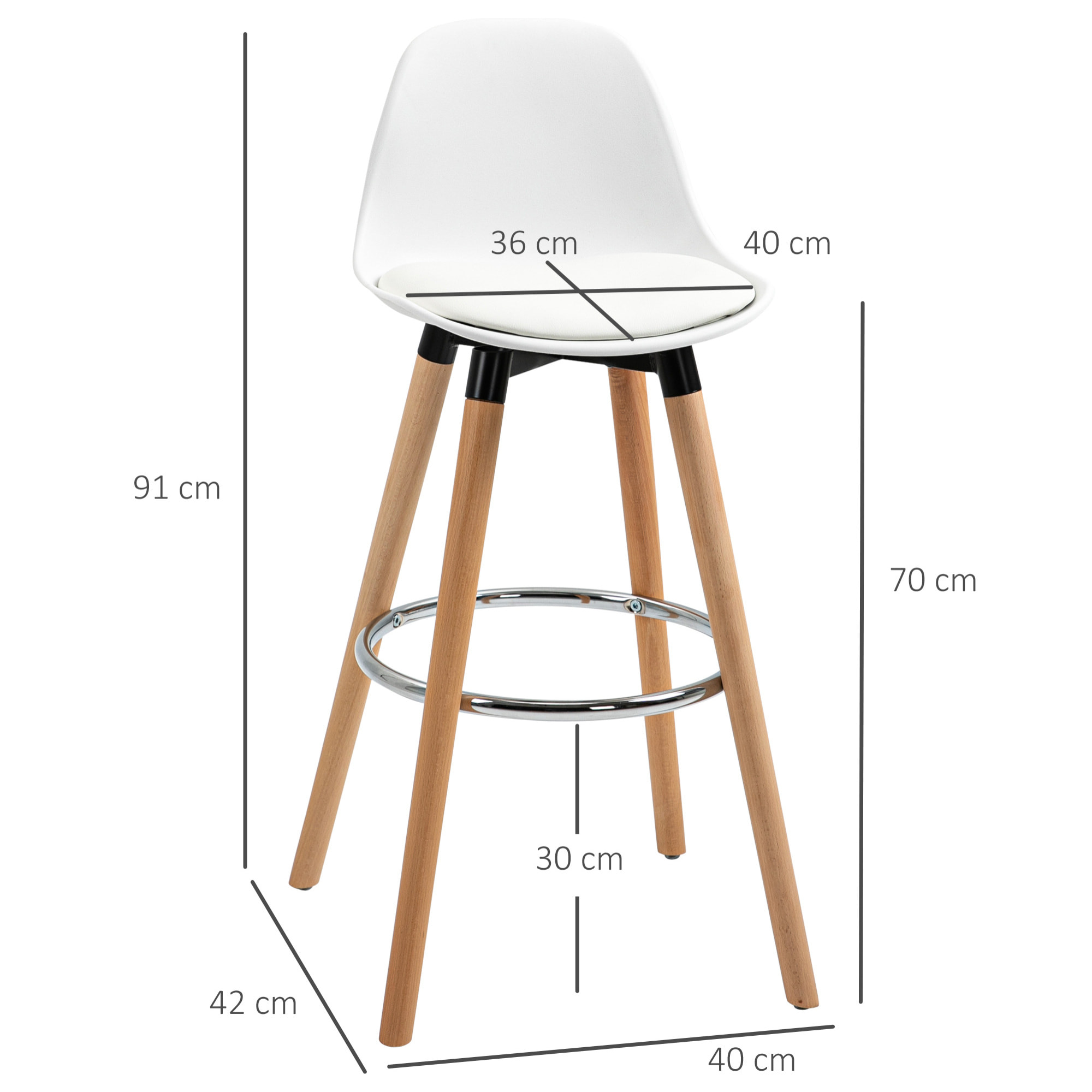 Tabourets de bar style scandinave - lot de 2 tabourets de bar avec repose-pieds - piètement bois de hêtre assise PU blanc