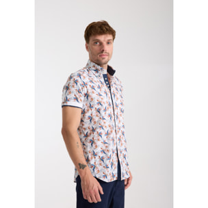 Camicia Uomo Manica Corta 2 Bottoni Button Down 7 Botto Popeline Stretch Stampato Bianco\Blu Inchiostro