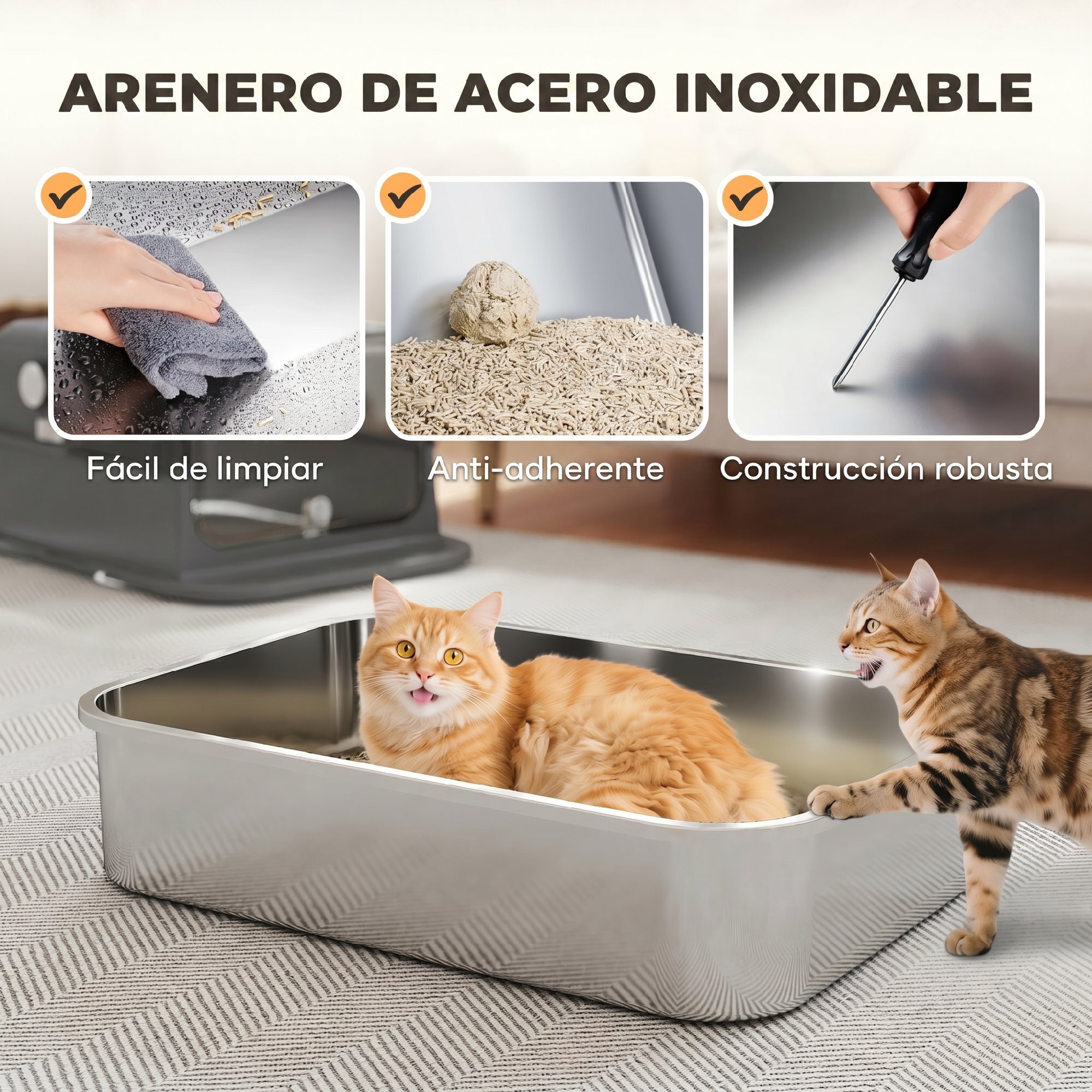 Arenero para Gatos de Acero Inoxidable XXL, Caja de Arena para Gatos Grandes, Arenero con Tapa Abatible, Laterales Altos, Entrada Superior, Pala, sin Olores, Fácil de Limpiar, Antifugas, Negro