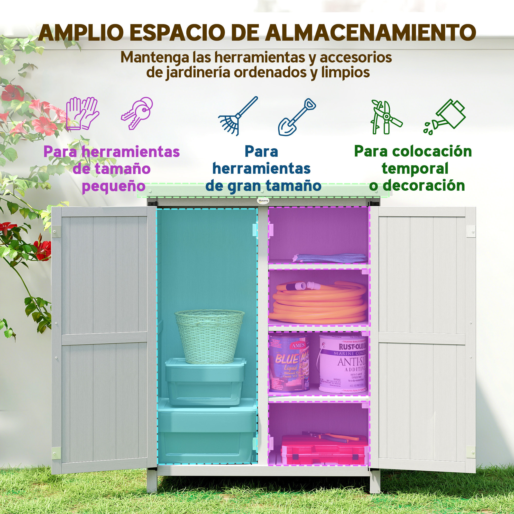 Caseta de Jardín de Madera, 75x40x90 cm, Cobertizo Jardín Exterior, Armario para Almacenaje de Herramientas, con 4 Estantes, 2 Puertas y Techo de Acero Galvanizado, Gris