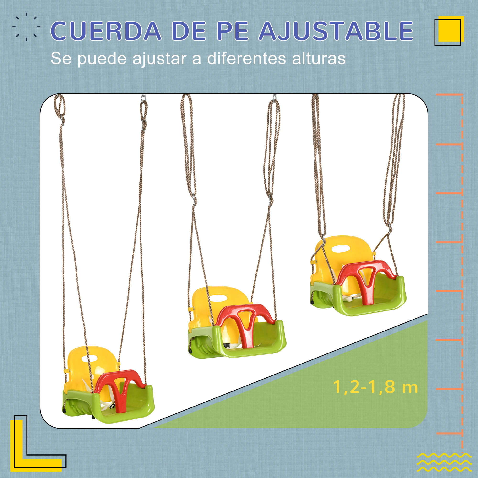 Columpio para Bebés 3 en 1 con Respaldo Desmontable Cuerdas Ajustables y Barra en T Columpio Infantil para Niños de 9-36 Meses para Uso en Interiores y Exteriores 42x33x120-180 cm Verde