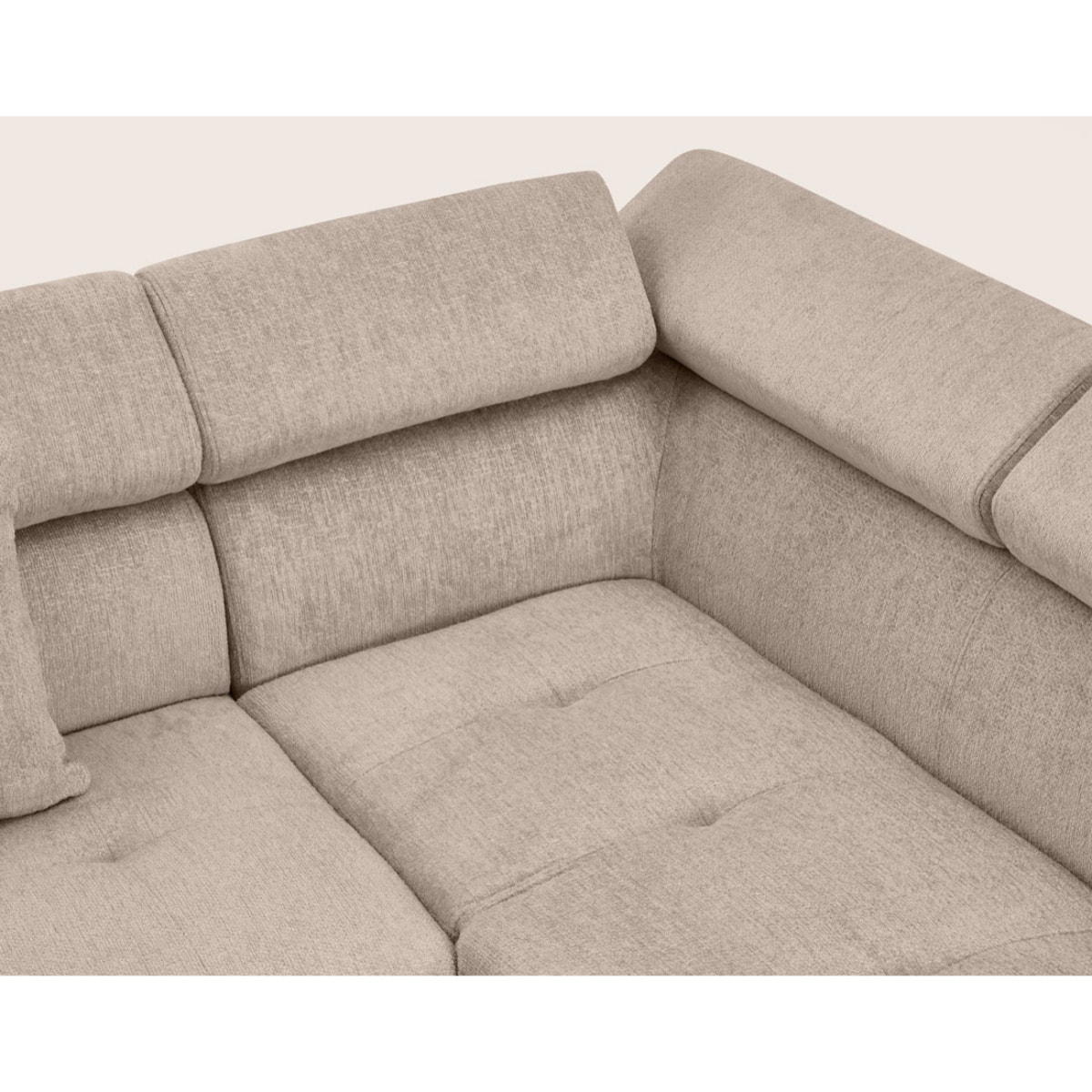 Margaux - Canapé d'angle droit 5 places convertible avec coffre et têtières réglables en velours texturé - Beige