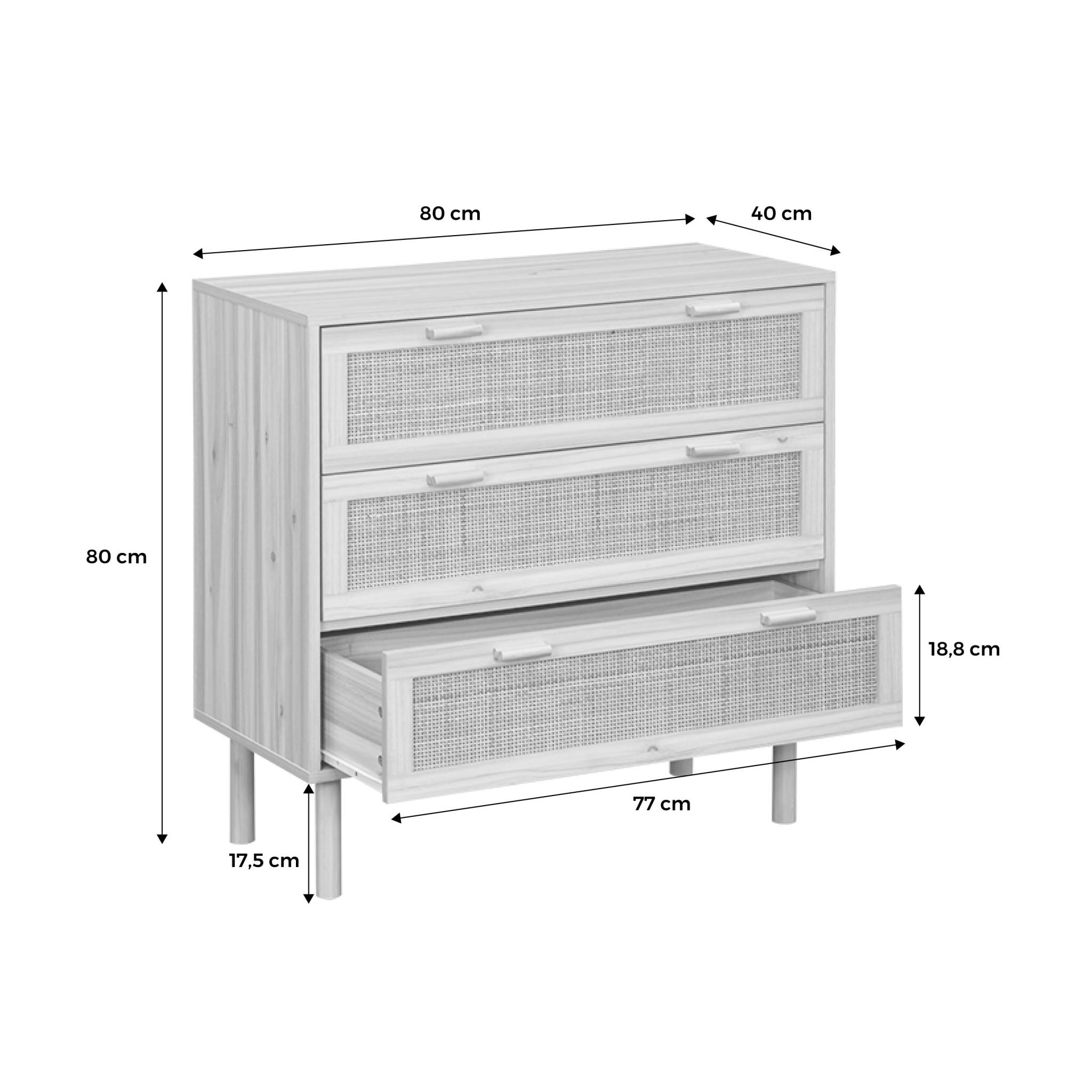 Commode 3 tiroirs cannage et effet bois CAMARGUE L 80 x P 40 x H 80cm