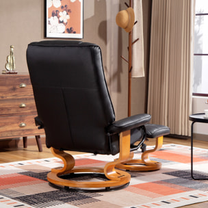 Fauteuil relax inclinable pivotant réglable avec repose-pied bois revêtement synthétique noir