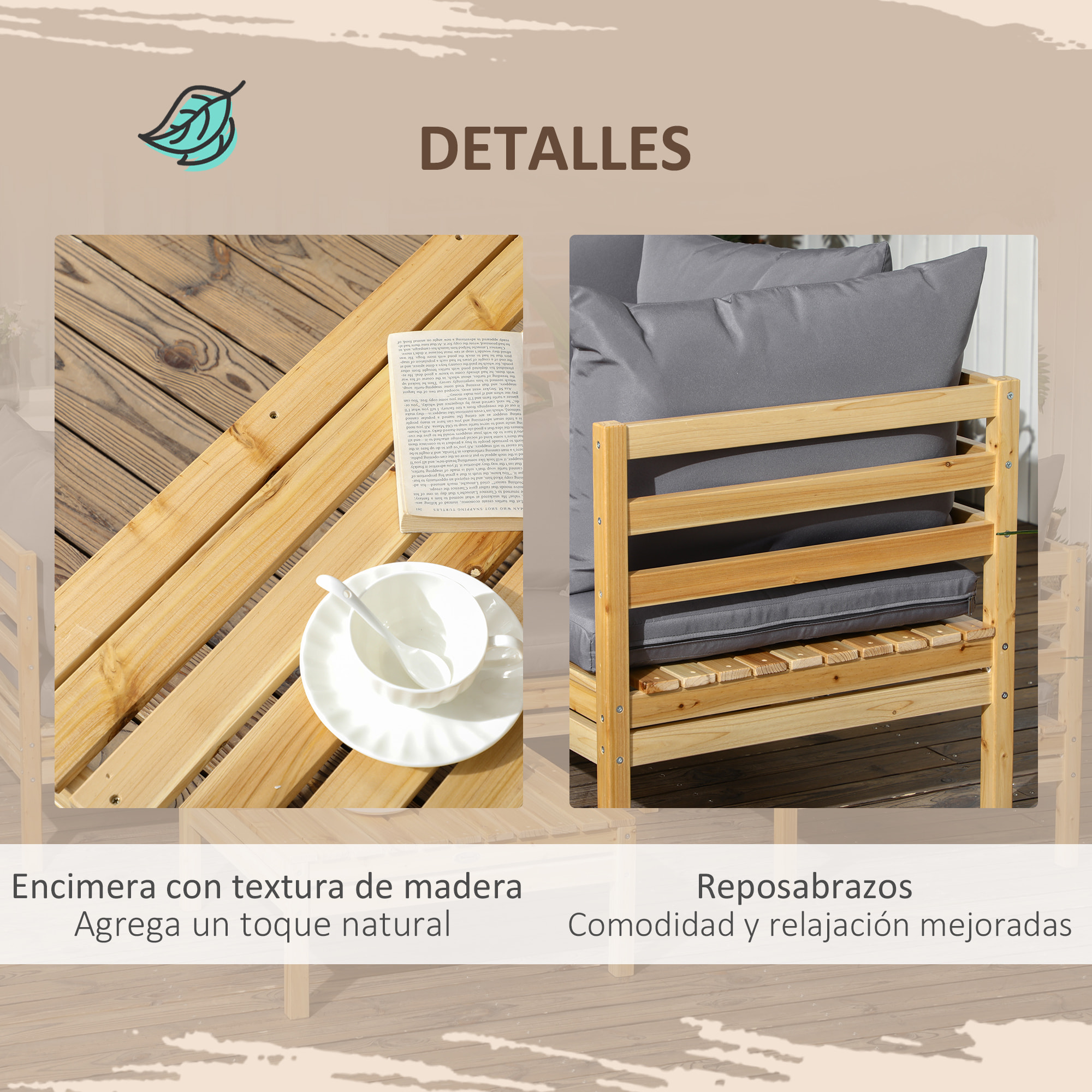 Conjunto de Muebles de Jardín de Madera 5 Piezas Juego de Muebles de Terraza Incluye 4 Sofás con Cojines Acolchados y Mesa de Centro para Patio Exterior Natural